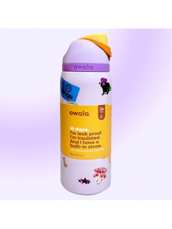 OWALA 32OZ Water Bottle With Straw, Insulated Stainless Steel Tumbler, 24hrs Cold, Lock Lid, for Sports Travel School,Style: Purple cartoon