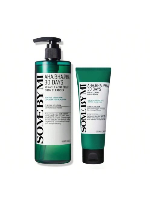 30 Days Miracle Set: AHA BHA PHA Clear Body Cleanser (400ml) + Clear Foam (100ml) – Korean Skin Care with Salicylic Acid & Tea Tree, Daily Deep Cleansing, Creates smooth skin