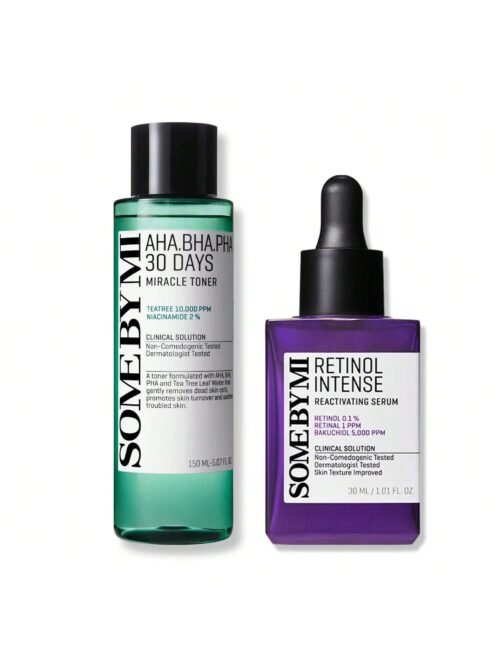 Skincare Set: AHA BHA PHA 30 Days Miracle Toner (150ml) + Retinol Intense Reactivating Serum (30ml) – Refines Skin Texture,Korean Skin Care with Salicylic Acid, 2% Niacinamide, Bakuchiol, Suitable for All Skin Types