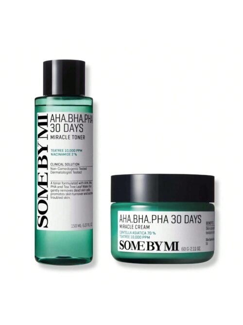 30 Days Miracle Set: AHA BHA PHA Toner (150ml) + Cream (60ml) - Korean Skin Care for All Skin Types, Daily Pore Care & Oil Control with 2% Niacinamide, Mild Soothing & Clarifying Formula