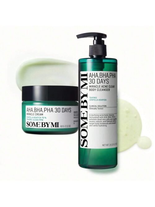 AHA BHA PHA Body Wash & Face Cream Set (400ml+60ml) - Korean Exfoliating Acne Care with Tea Tree & Salicylic Acid - Deep Cleanses Pores, Soothes Skin & Controls Sebum - For Face and Body