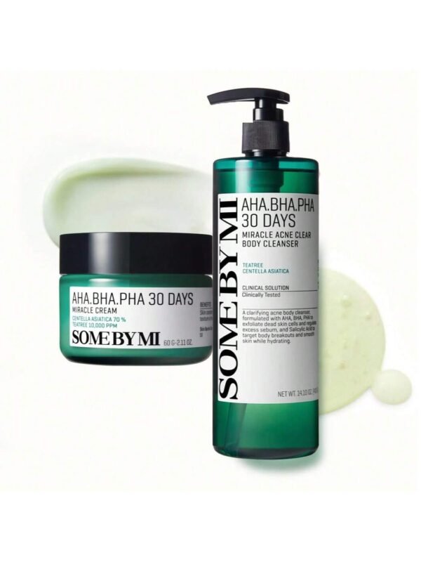 AHA BHA PHA Body Wash & Face Cream Set (400ml+60ml) - Korean Exfoliating Acne Care with Tea Tree & Salicylic Acid - Deep Cleanses Pores, Soothes Skin & Controls Sebum - For Face and Body
