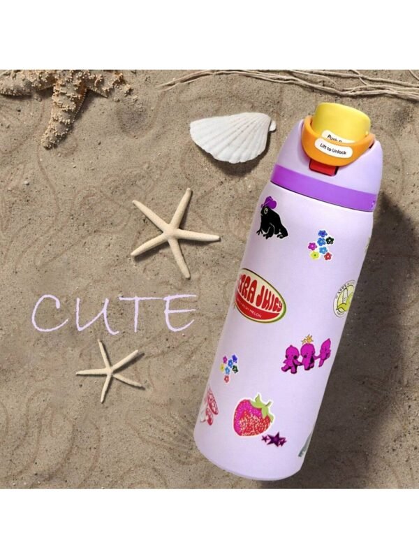 OWALA 32OZ Water Bottle With Straw, Insulated Stainless Steel Tumbler, 24hrs Cold, Lock Lid, for Sports Travel School,Style: Purple cartoon