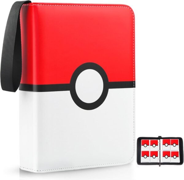 POKEMON Card Binder 4 Pocket, Trading Card Holder Fits 400 Cards With 50 Removable Sleeves, Portable Collection Card Ablum, Game Card Case book With Zipper for Gift, Red