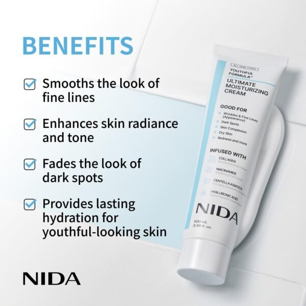 NIDA Youthful Formula™ Ultimate Moisturizing Cream | Centella Asiatica, Niacinamide, Hyaluronic Acid, Collagen | Wrinkles, Fine Lines, Dark Spots, Dry Skin, Redness | 3.38 fl. oz., 100ml (New Formula)