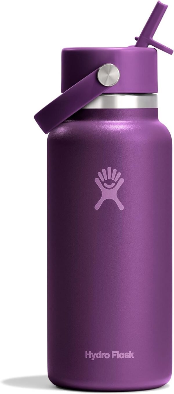 Hydro Flask Water Bottle - Insulated Stainless Steel - Wide Mouth Flex Straw Lid, Non Spill, Leakproof and Refillable in 32 Oz Beachplum