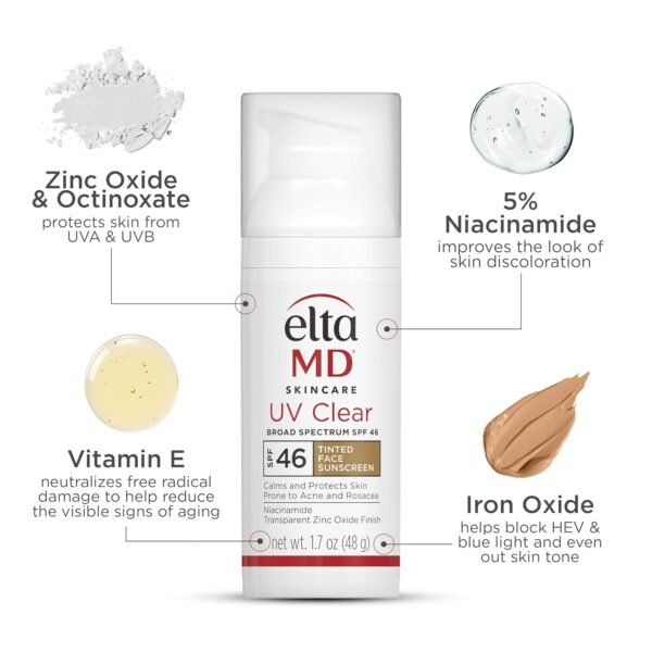 EltaMD UV Clear Tinted Face Sunscreen, SPF 46 Oil- Free with Zinc Oxide, Dermatologist Recommended, Stocking Stuffer