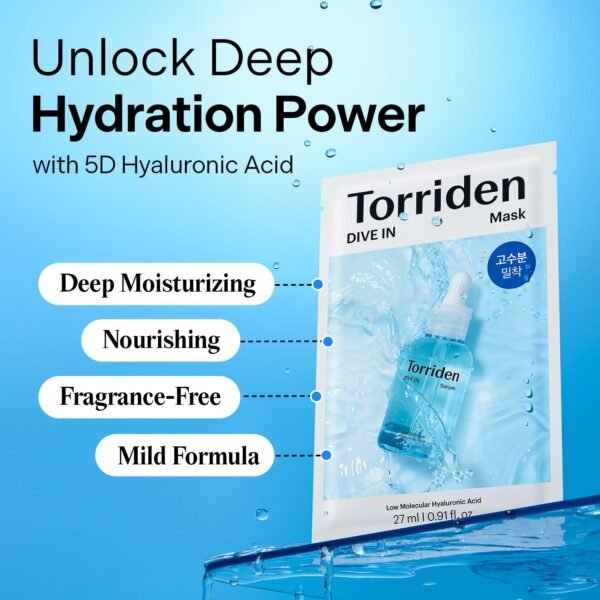 Torriden DIVE IN Hyaluronic Acid Facial Mask (10 sheets) | Deep Hydration Korean Face Sheet Mask | Panthenol & Allantoin