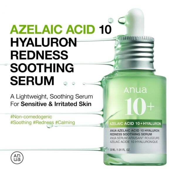 Anua Azelaic Acid 10 Hyaluron Redness Soothing Serum, Facial Serum for Troubled & Sensitive Skin, Breakouts, Hyaluronic Acid, Niacinamide, Spot Care, Natural Color, Korean Skincare (30ml/ 1.01 fl oz.)