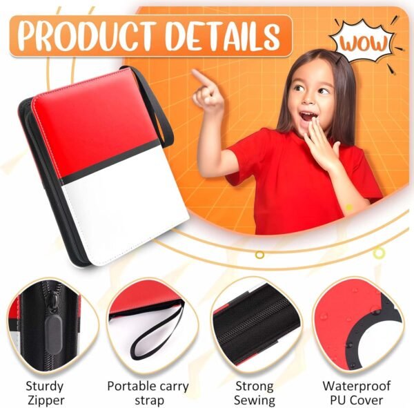 POKEMON Card Binder 4 Pocket, Trading Card Holder Fits 400 Cards With 50 Removable Sleeves, Portable Collection Card Ablum, Game Card Case book With Zipper for Gift, Red