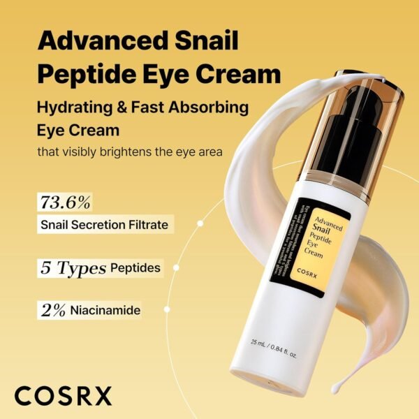 COSRX Snail Mucin Peptide Under Eye Cream, 0.84 fl oz, 73.7% Snail Mucin and Niacinamide, Eye Care, Eye Cream Anti Aging, Dark Circles