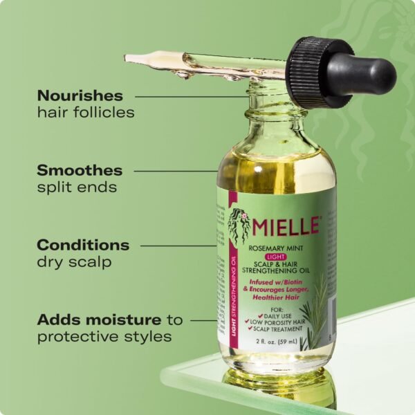 Mielle Organics Rosemary & Mint Light Hair Oil, Split Ends & Dry Scalp Treatment - Infused with Biotin & Essential Oils for Strengthening, Soothing, Moisturizing & Encouraging Longer Hair (2 Oz)