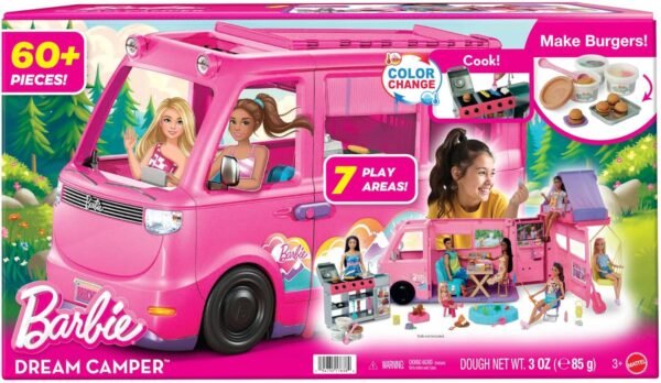 Barbie Dream Camper New for 2025 Playset with Roof Tent, Swing Chair, Fishing Pond, BBQ Grill with Color-Change Feature & 60+ Accessories Including Dough