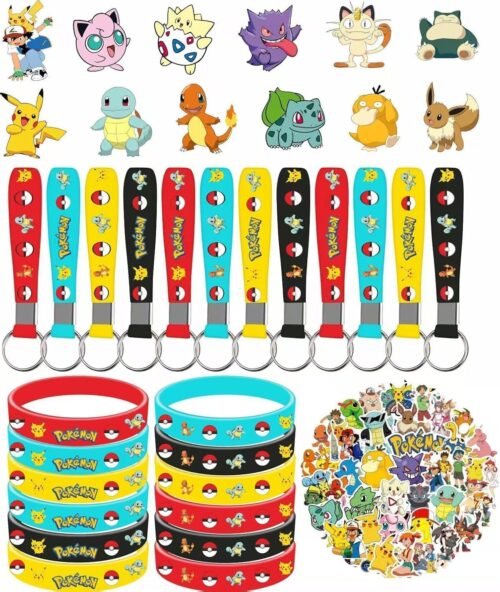 POKEMON 86PCS For Cute Birthday Party decorations Set Included 12 Bracelets, 12 Acrylic Pins, 12 Keychains, 50 Stickers, for Boys and Girls Cartoon Theme Party