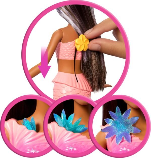 Barbie Mermaid Toy Dolls with Surprise Magic Blooming Flowers Feature, Ombre Tails, Pearl Headband Accessory & Long Brown Hair with Purple Highlights