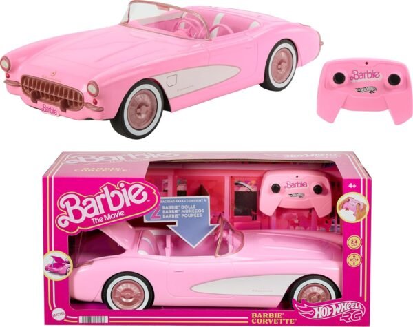 Barbie Hot Wheels RC Corvette from The Movie, Full-Function Remote-Control Toy Car Holds 2 Dolls