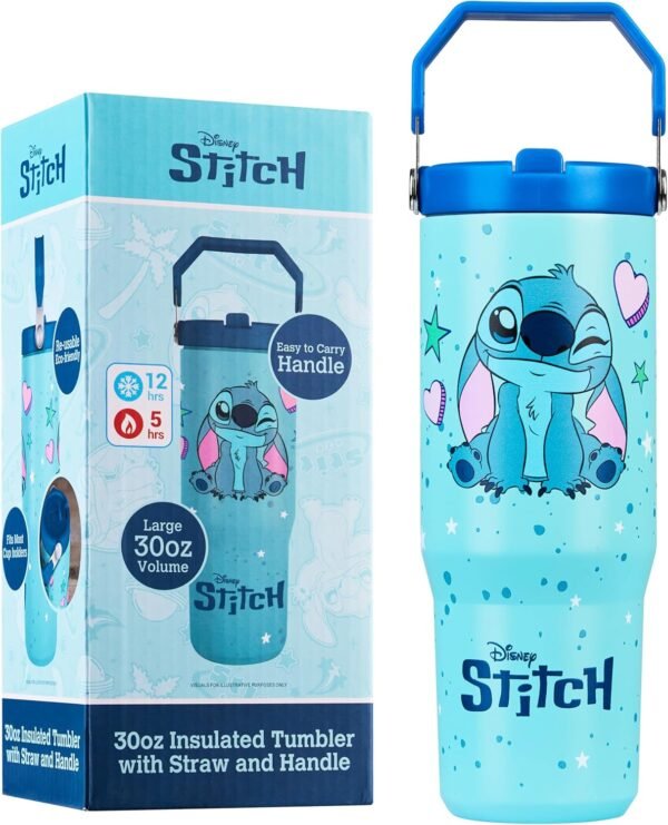 Disney Get Trend Disney Stitch Tumbler with Straw 30oz Kids Teens Insulated Cup with Lid Handle Travel Mug Cups with Lids for School Sports Gifts for Kids (Blue Stitch)