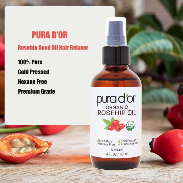 PURA D'OR 4 Oz ORGANIC Rosehip Seed Oil - 100% Pure Cold Pressed USDA Certified Anti-Aging Treatment - Vitamin A & C Rich - Helps Fade Appearance of Scars & Stretch Marks - For Face, Hair & Body