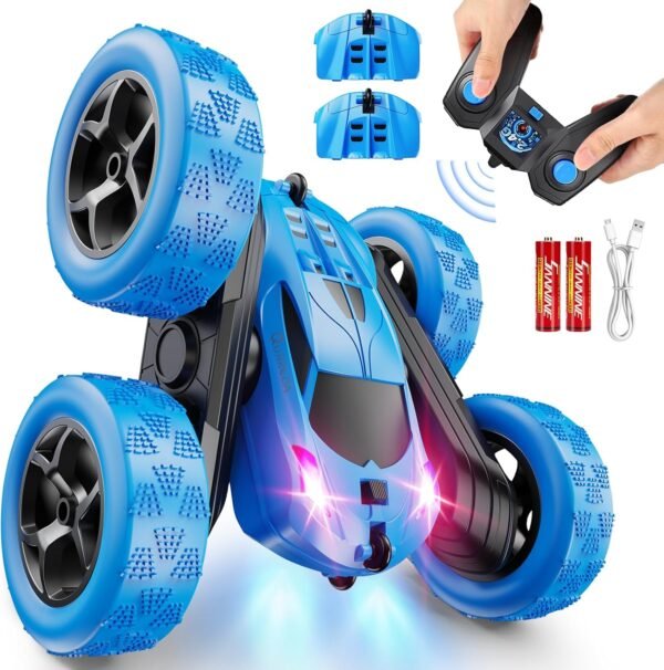 QUNREDA Remote Control Car, RC Cars Toys for Kids Ages 6-12, 4WD Stunt Car with LED Lights & 360° Flips, 2.4GHz