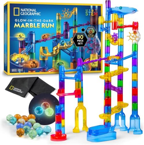 NATIONAL GEOGRAPHIC Glowing Marble Run – Construction Set with 15 Glow in The Dark Glass Marbles & Storage Bag