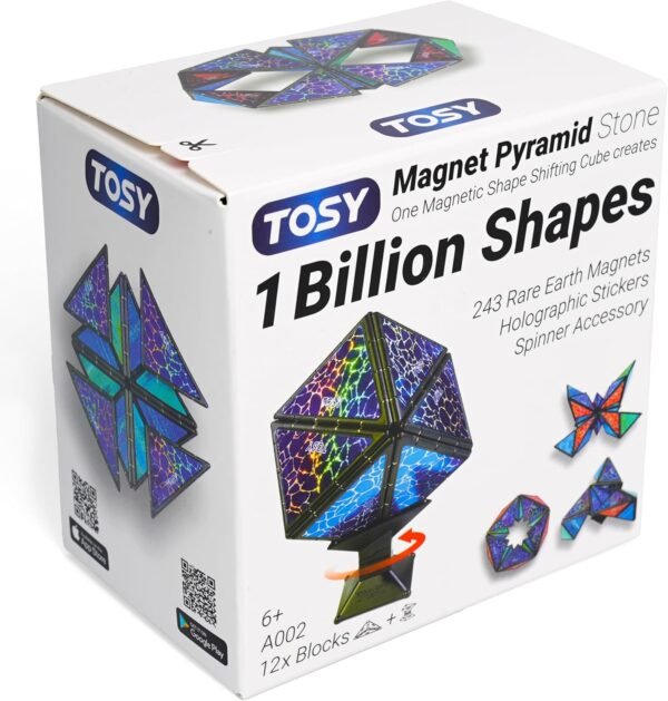 TOSY Magnet Pyramid Stone - 1 Cube Transforms into 1 Billion Shapes, 14 pcs (12 Puzzle pcs and 2 Spinners), 243 Rare Earth Magnets
