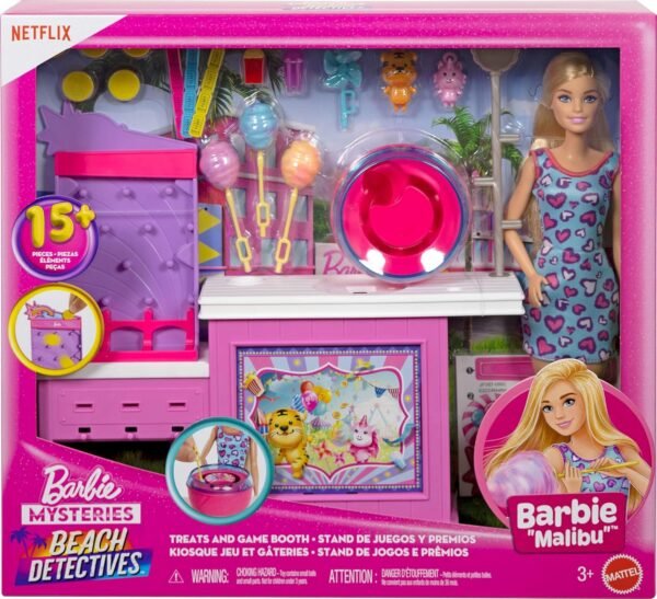 Barbie Mysteries: Beach Detectives Malibu” Doll & Cotton Candy Game Booth Playset with 20 Accessories Including Prizes