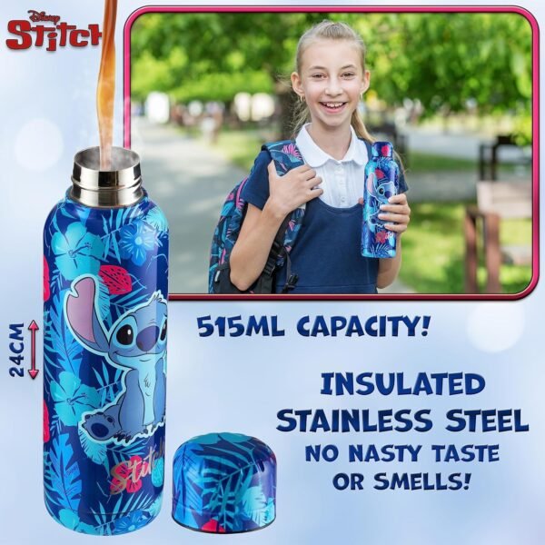 Disney Stitch Insulated Water Bottle - 515ml Stainless Steel Metal Drinks Bottle Teenagers Hot or Cold - School Sports Travel - Stitch Gifts