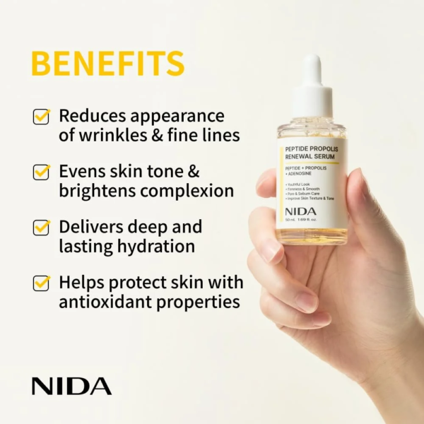 NIDA Peptide Propolis Renewal Serum | Peptide Complex, Propolis Extract, Adenosine | Youthful Look, Wrinkles, Fine Lines, Pore & Sebum Care | 1.69 fl.oz., 50ml (Updated)
